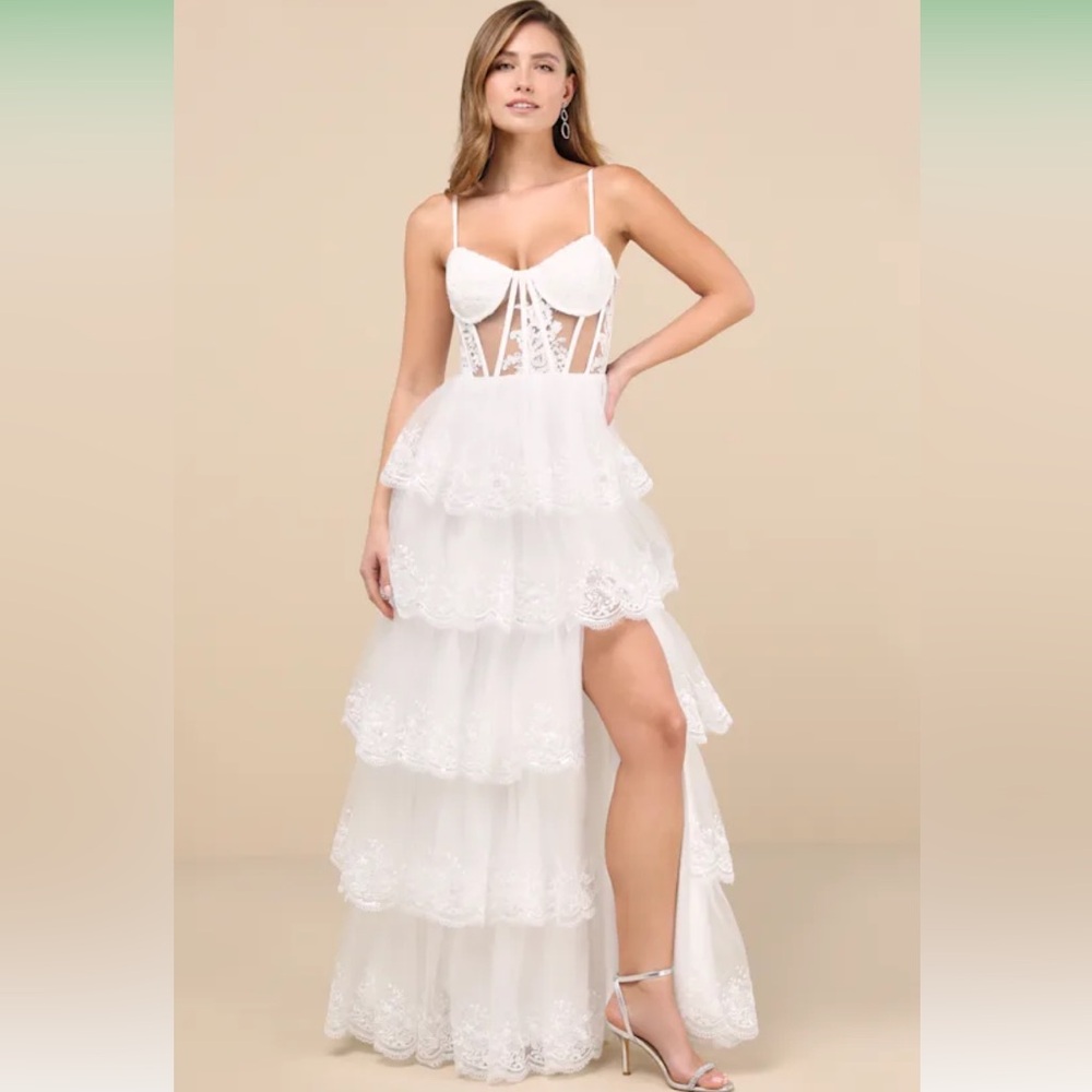NWT Lulus Alluring Sensation White Tulle Embroidered Tiered Maxi Dress